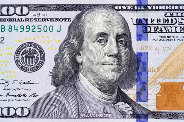 Benjamin Franklin 100 Dollar Bill Makro Fotografii Spojené Státy Americké — Stock fotografie
