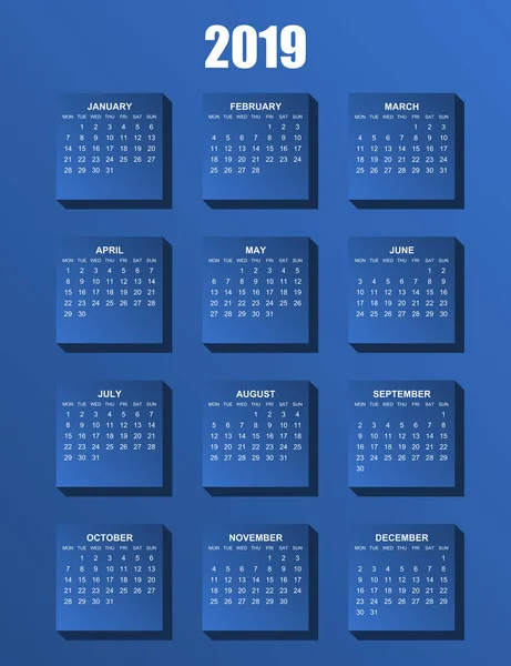 Calendario Vectorial Editable Simple Para Año 2019 Lunes Primero — Vector de stock