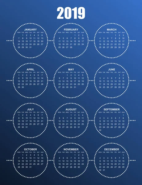 Calendario Vectorial Editable Simple Para Año 2019 Lunes Primero — Vector de stock