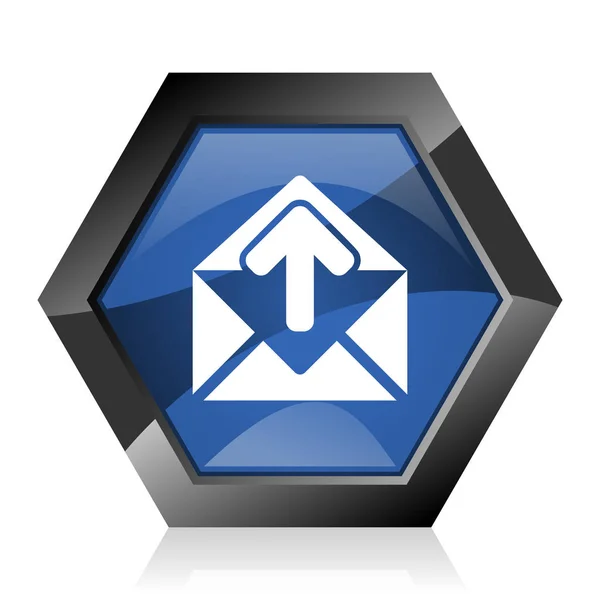 暗い青い光沢のある六角形幾何学的なダイヤモンド ベクトルの Web アイコンをメール白い背景に反射 モダンなデザインの六角形のインター ネット ボタン — ストックベクタ