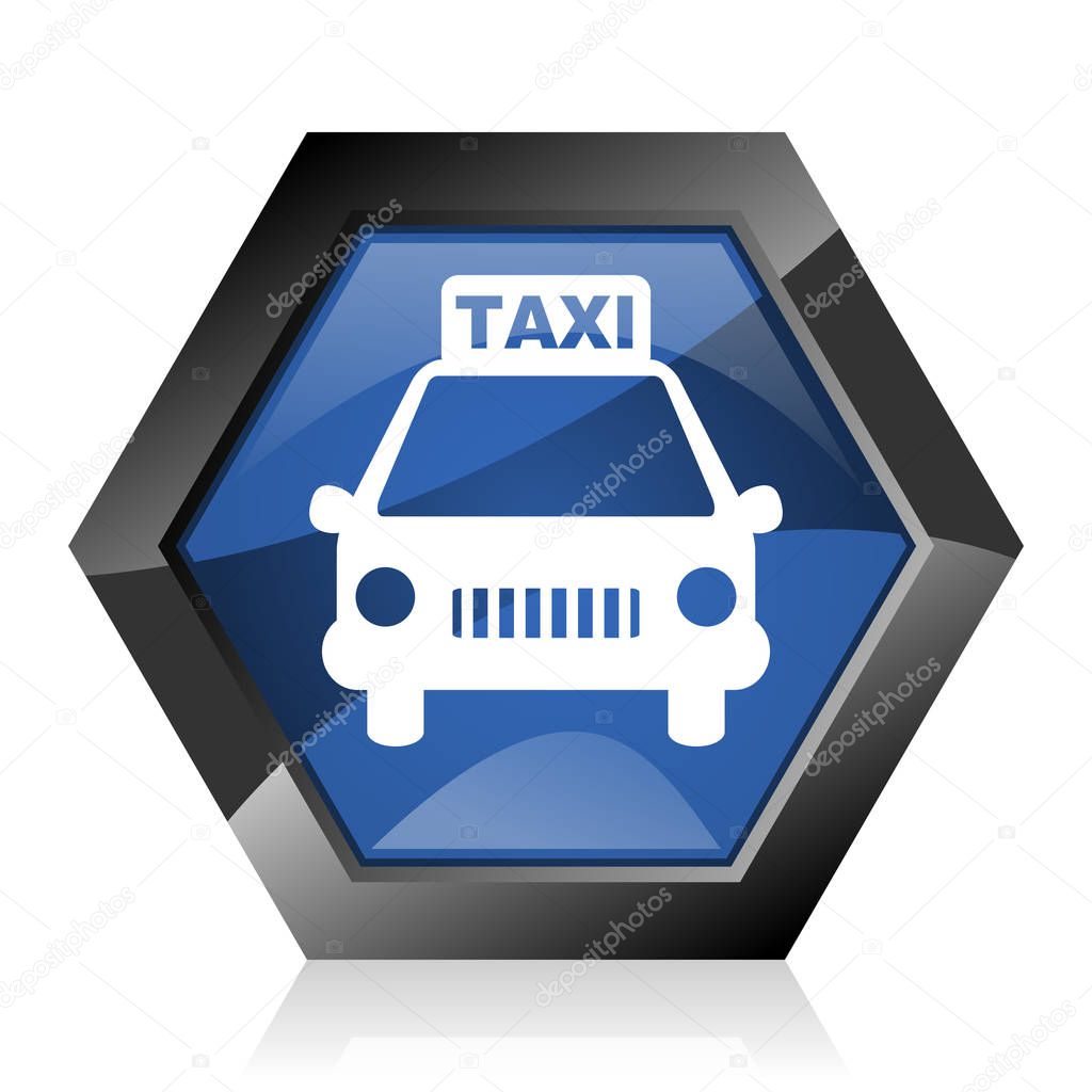 Taxi dark blue glossy hexagon geometric diamond vector web icon with reflection on white background. Modern design hexagonal internet button.