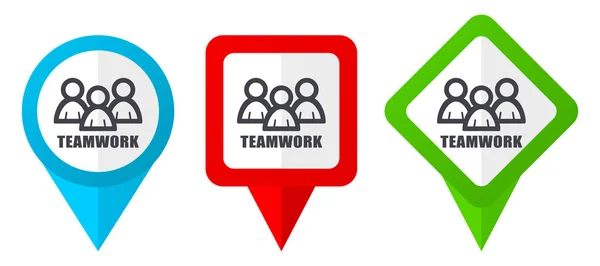 Teamwork Red Blue Green Vector Pointers Icons Set Colorful Location — Stock Vector