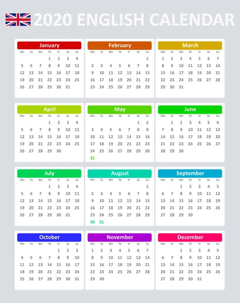 Calendario Vectorial Editable Simple Para Año 2020 Inglés Aislado Sobre — Vector de stock