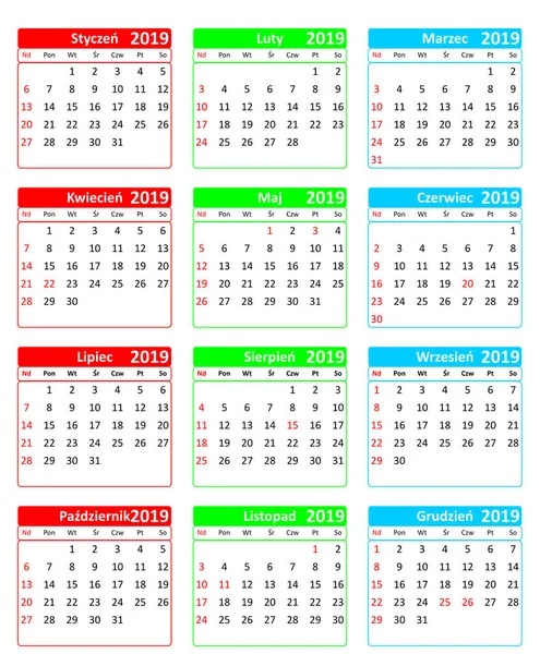 Kalender Vektor Dengan Warna Warni Sederhana Untuk Tahun 2019 Polandia - Stok Vektor