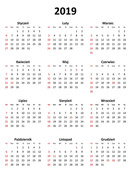 Eenvoudige Bewerkbare Vector Kalender Voor Het Jaar 2019 Het Pools — Stockvector