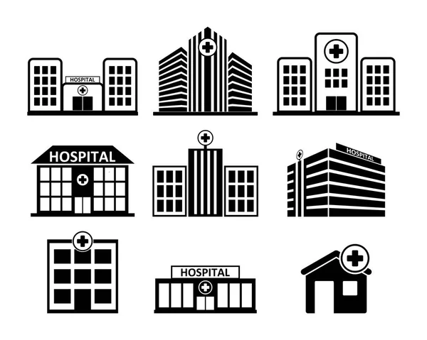 Ziekenhuis Gebouw Pictogrammenset Zwart Een Witte Achtergrond — Stockvector