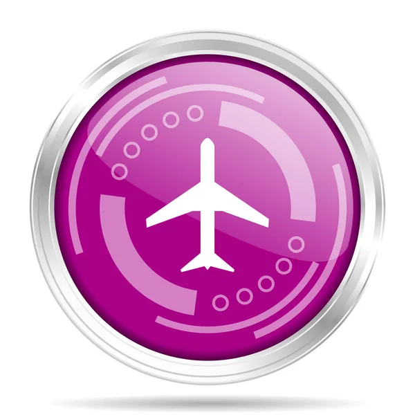 Plane silver metallic chrome border round web icon, vector illustration for webdesign and mobile applications isolated on white background - Stok Vektor