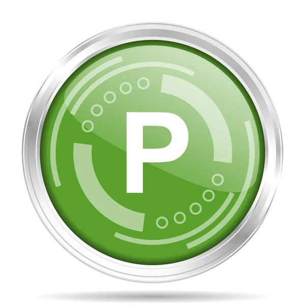 Parcheggio argento metallizzato bordo cromato rotonda icona web, illustrazione vettoriale per webdesign e applicazioni mobili isolato su sfondo bianco — Vettoriale Stock
