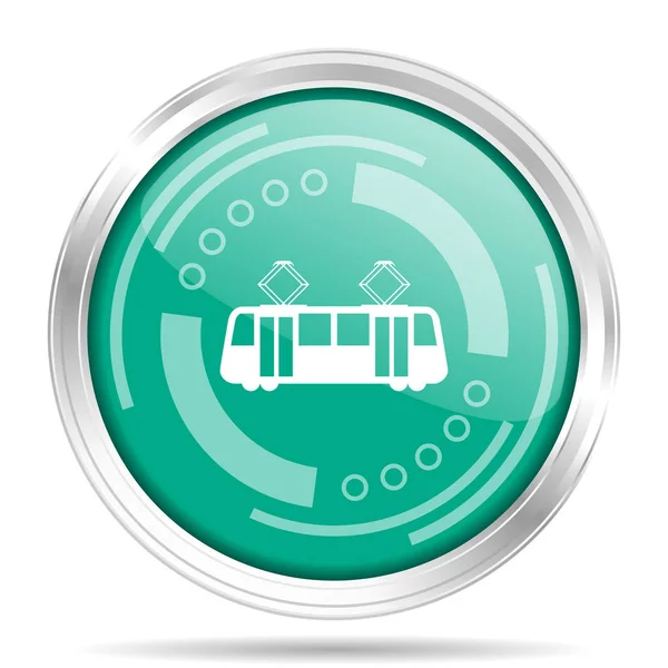 Tram silver metallic chrome border round web icon, vector illustration for webdesign and mobile applications isolated on white background — Stock Illustration Tram silver metallic chrome border round web icon, vector illustration for webdesign and mobile applications isolated on white background Royalty Free Stock Vectors