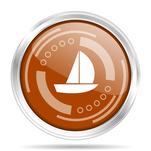 Yacht silver metalliska krom gränsen runda webb ikon, vektor illustration för webbdesign och mobila applikationer isolerade på vit bakgrund — Stock vektor