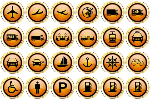 Orange glossy transport vector icon set, airplane, train and other vehicles signs collection. — Stock Vector