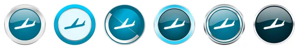 Llegadas plata metálico cromo iconos borde en 6 opciones, conjunto de botones redondos azules web aislados sobre fondo blanco —  Fotos de Stock