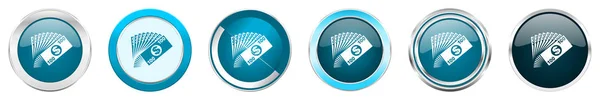 Denaro argento metallizzato icone bordo cromato in 6 opzioni, set di web blu pulsanti rotondi isolati su sfondo bianco — Foto Stock