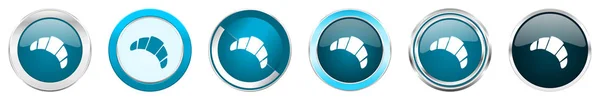 Κρουασάν ασημί μεταλλικό χρώμιο περίγραμμα εικονιδίων σε 6 επιλογές, σύνολο Web μπλε στρογγυλά κουμπιά απομονώνονται σε λευκό φόντο — Φωτογραφία Αρχείου