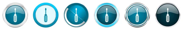 Ferramenta prata ícones de borda cromados metálicos em 6 opções, conjunto de botões redondos azuis da web isolados no fundo branco — Fotografia de Stock