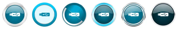 Usb plata metálica cromo iconos borde en 6 opciones, conjunto de botones redondos azules web aislados sobre fondo blanco —  Fotos de Stock
