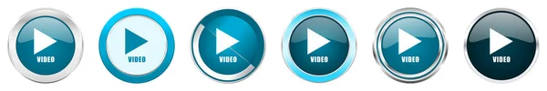 6つのオプションでビデオ銀金属クロム境界アイコン、白の背景に隔離されたウェブブルーラウンドボタンのセット — ストック写真