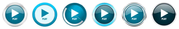 Hrát stříbrné kovové chrom okraje ikony v 6 možností, sada webových modrých kruhových tlačítek izolovaných na bílém pozadí — Stock fotografie