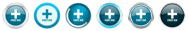 응급 처치 실버 금속 크롬 테두리 아이콘 6 옵션, 흰색 배경에 격리 된 웹 블루 라운드 버튼 세트 — 스톡 사진