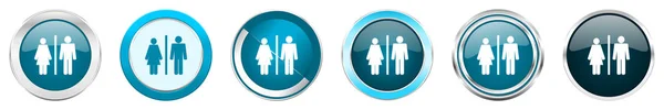 Hombre y mujer plata metálico cromo borde iconos en 6 opciones, conjunto de botones redondos azules web aislados sobre fondo blanco —  Fotos de Stock