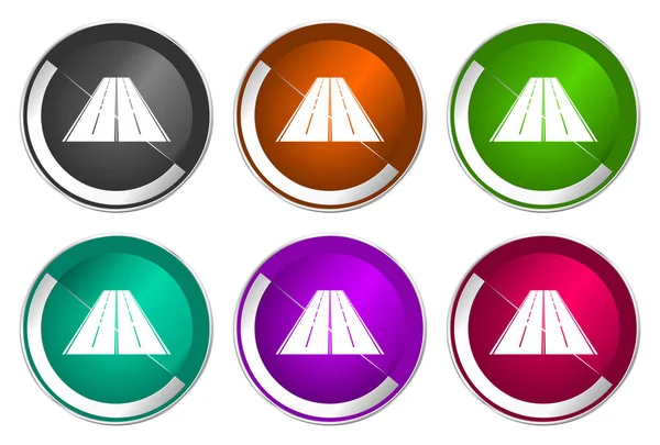 Väg symbol, uppsättning av silver metallic runda ikoner i sex färger alternativ isolerade på vit bakgrund, modern design vektor illustration — Stock vektor