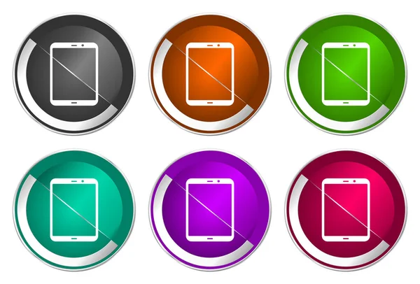 Símbolo de la tableta, conjunto de iconos redondos metálicos plateados en seis opciones de colores aislados sobre fondo blanco, ilustración vectorial de diseño moderno — Vector de stock