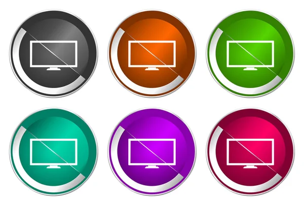 Tv screen symbol, set of silver metallic round icons in six colors options isolated on white background, modern design vector illustration — Stock Vector