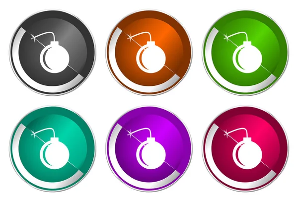 Symbole de la bombe, ensemble d'icônes rondes métalliques argentées dans six options de couleurs isolées sur fond blanc, illustration vectorielle de design moderne — Image vectorielle
