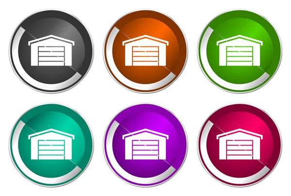Garagensymbol, Set aus silbernen metallischen runden Symbolen in sechs Farboptionen isoliert auf weißem Hintergrund, moderne Designvektorillustration — Stockvektor