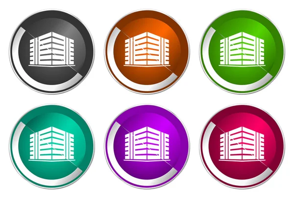 Symbil immeuble de bureaux, ensemble d'icônes rondes métalliques argentées dans six options de couleurs isolées sur fond blanc, illustration vectorielle design moderne — Image vectorielle