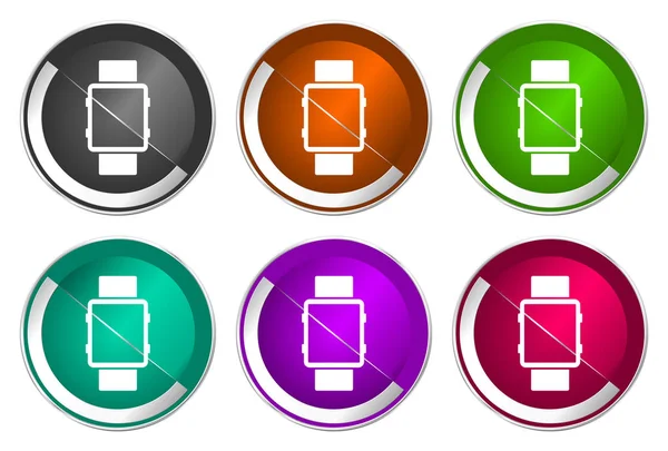 SmartWatch symbool, set van zilver metallic ronde pictogrammen in zes kleuren opties geïsoleerd op witte achtergrond, moderne design vector illustratie — Stockvector