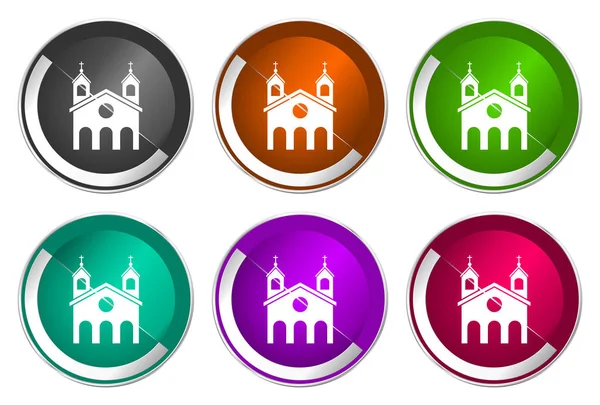 Religie, kerk symbool, set van zilver metallic ronde pictogrammen in zes kleuren opties geïsoleerd op witte achtergrond, modern design vector illustratie — Stockvector