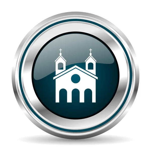Religião, ícone do vetor da igreja. Cromo borda redonda botão web. Botão de pressão metálico prata — Vetor de Stock