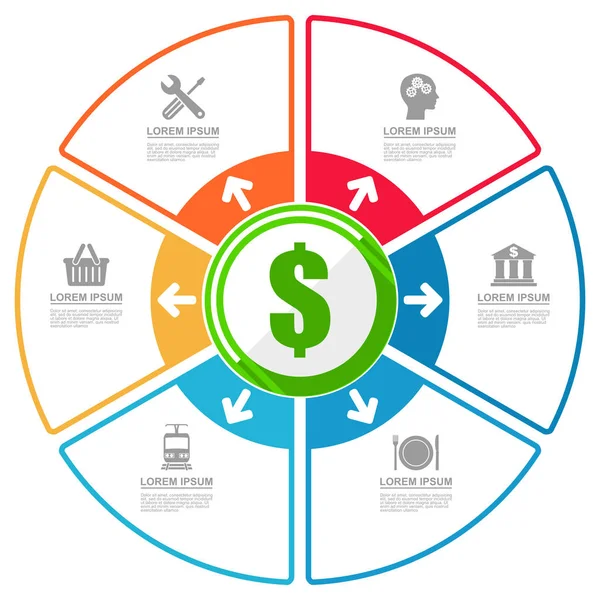 Modelo vetorial infográfico para apresentação, gráfico, diagrama, gráfico, educação, negócios, transporte, tecnologia, conceito de catering com 6 opções . — Vetor de Stock