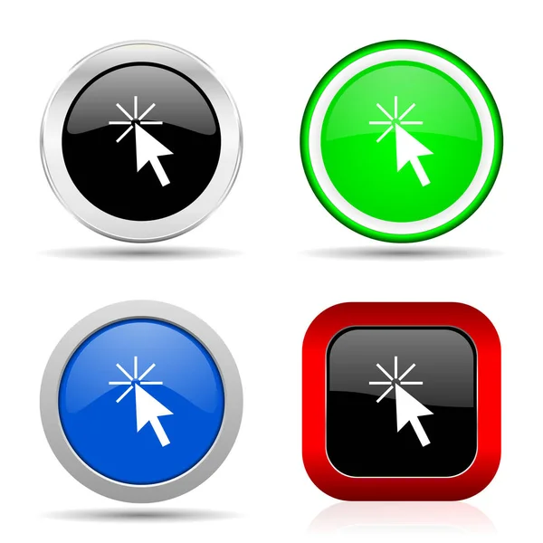 Haga clic aquí rojo, azul, verde y negro icono brillante web establecido en 4 opciones —  Fotos de Stock
