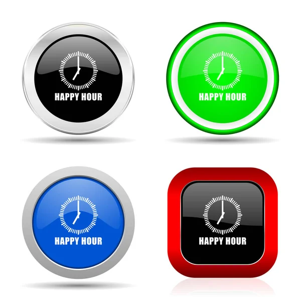 행복 한 시간, 빨강, 파랑, 초록, 검정 색 웹 광택 아이콘 4 가지 옵션에서 설정 — 스톡 사진