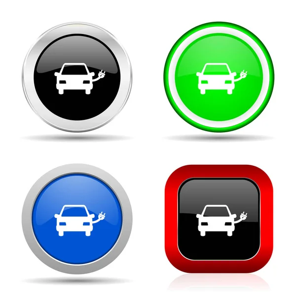 电动汽车，功率红色，蓝色，绿色和黑色网络光泽图标设置在4个选项 — 图库照片