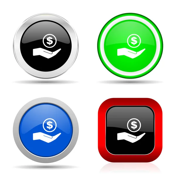 Dinheiro, vermelho dinheiro, azul, verde e preto ícone brilhante web definido em 4 opções — Fotografia de Stock