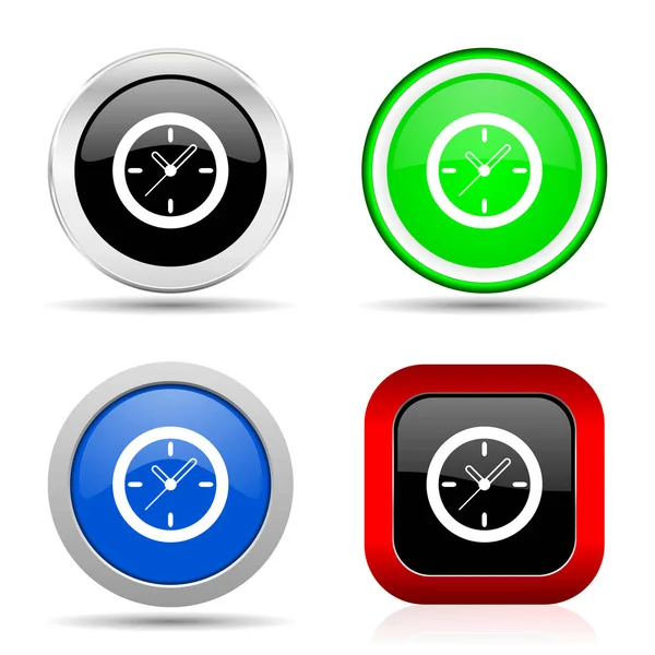 Heure, horloge, montre rouge, bleu, vert et noir web icône brillante mis en 4 options — Photo