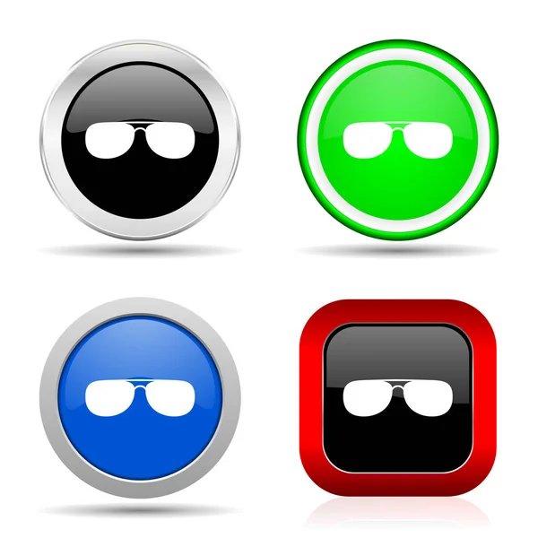 Okulary przeciwsłoneczne, czerwone, niebieskie, zielone i czarne błyszczące ikony w 4 opcjach — Zdjęcie stockowe