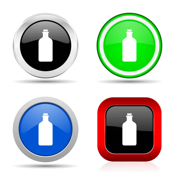 Fles, drinken rood, blauw, groen en zwart Web Glossy Icon set in 4 opties — Stockfoto