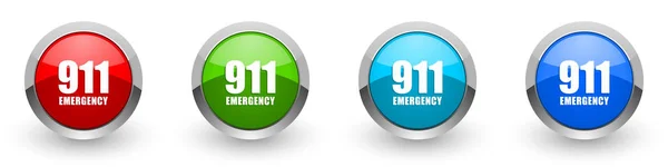 Αριθμός έκτακτης ανάγκης 911 ασημένια μεταλλικά γυαλιστερά εικονίδια, κόκκινο, σύνολο των σύγχρονων κουμπιών σχεδιασμού για web, internet και mobile εφαρμογές σε τέσσερις επιλογές χρωμάτων που απομονώνονται σε λευκό φόντο — Φωτογραφία Αρχείου
