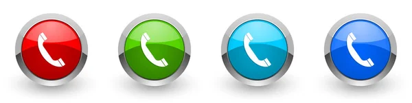 Telefon gümüş metalik simgeler, kırmızı, web, internet ve mobil uygulamalar için dört renk seçenekleri için modern tasarım düğmeleri beyaz arkaplanda izole — Stok fotoğraf
