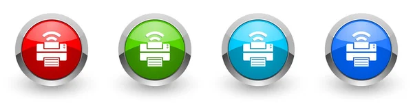 Yazıcı gümüş metalik simgeler, kırmızı, web, internet ve mobil uygulamalar için dört renk seçeneğiyle modern tasarım düğmeleri beyaz arkaplanda izole edilmiş — Stok fotoğraf