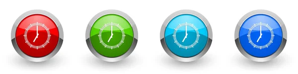 Zaman gümüş metalik simgeler, kırmızı, web, internet ve mobil uygulamalar için dört renk seçenekleri için modern tasarım düğmeleri beyaz arkaplanda izole edilmiş — Stok fotoğraf