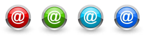 Email ασημί μεταλλικά γυαλιστερά εικονίδια, κόκκινο, σετ από μοντέρνα κουμπιά σχεδιασμού για web, internet και mobile εφαρμογές σε τέσσερις επιλογές χρωμάτων που απομονώνονται σε λευκό φόντο — Φωτογραφία Αρχείου