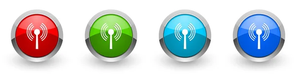Wifi argento metallizzato lucido icone, rosso, set di pulsanti di design moderno per applicazioni web, internet e mobile in quattro colori opzioni isolate su sfondo bianco — Foto Stock