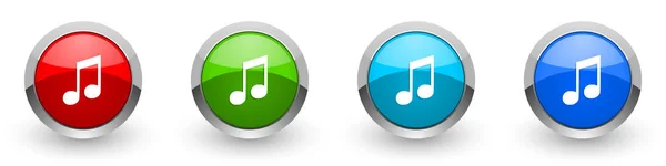 Música prata ícones brilhantes metálicos, vermelho, conjunto de botões de design moderno para aplicações web, internet e móveis em quatro opções de cores isoladas no fundo branco — Fotografia de Stock