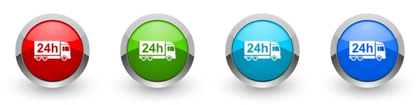 Entrega iconos brillantes metálicos plateados, rojo, conjunto de botones de diseño moderno para aplicaciones web, Internet y móviles en cuatro opciones de colores aislados sobre fondo blanco —  Fotos de Stock