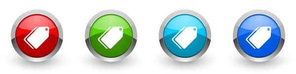 Etiketli gümüş metalik simgeler, kırmızı, web, internet ve mobil uygulamalar için dört renk seçeneğiyle modern tasarım düğmeleri beyaz arkaplanda izole edilmiş — Stok fotoğraf
